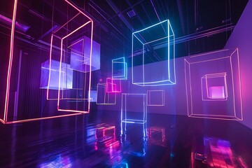 : A weightless chamber bathed in ethereal neon light, gravity-defying geometric shapes hang suspended in the air. - obrazy, fototapety, plakaty