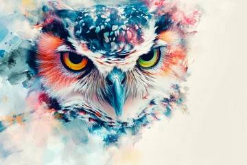 Fotobehang A colorful owl with a yellow eye is staring at the camera © Eva Corbella