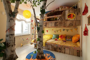 : A whimsical child's bedroom with a treehouse-inspired bunk bed and colorful hanging decorations. - obrazy, fototapety, plakaty