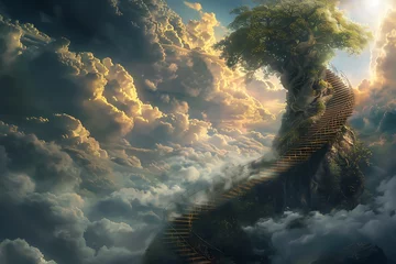 Gordijnen : A winding staircase spiraling upwards around a colossal tree trunk, disappearing into the clouds. © crescent