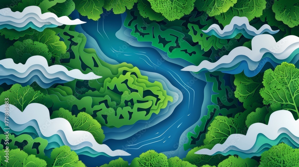 Poster The image shows a top view of a green forest canopy, a river, and clouds in the background. This paper art style concept depicts nature and environmental conservation and is a modern image.