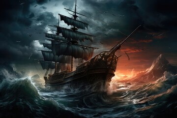 Raging waves and black clouds surrounding an old ship - maritime adventure beauty and danger - obrazy, fototapety, plakaty