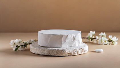 White stone cosmetic podium for presentation. Abstract empty product placement. Beige backdrop.