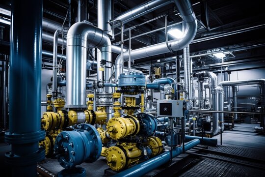 Under the stark factory lights: A powerful booster pump stands surrounded by an array of industrial machinery