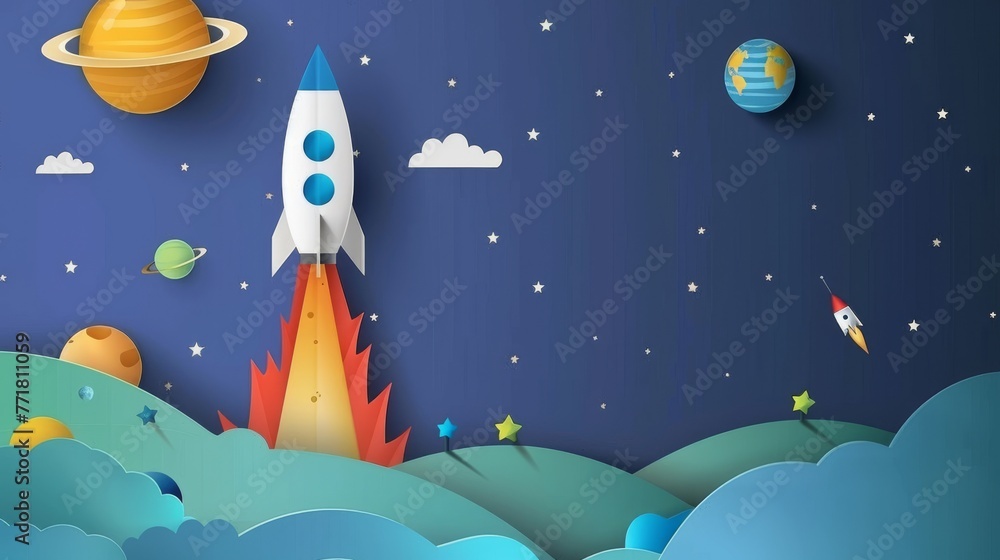 Aufkleber art style of a rocket going into space, startup concept in flat-style modern format.