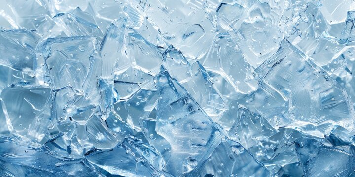 Macro photography capturing intricate ice crystals on a tranquil blue backdrop. Close-up view.