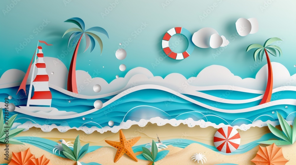 Sticker The abstract paper art depicts a seascape surrounded by waves splashing on the shore and beach equipment. A seascape in the summer. Paper cut and craft style. Modern illustration.