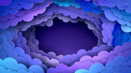 Cute modern illustration of a night sky clouds round frame. Background is cut out in 3D style with a violet and blue gradient cloudy landscape papercut art.