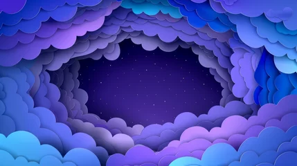 Gordijnen Cute modern illustration of a night sky clouds round frame. Background is cut out in 3D style with a violet and blue gradient cloudy landscape papercut art. © Zaleman