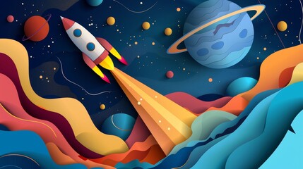 This flat-style modern illustration shows a rocket flying in space in paper art style.