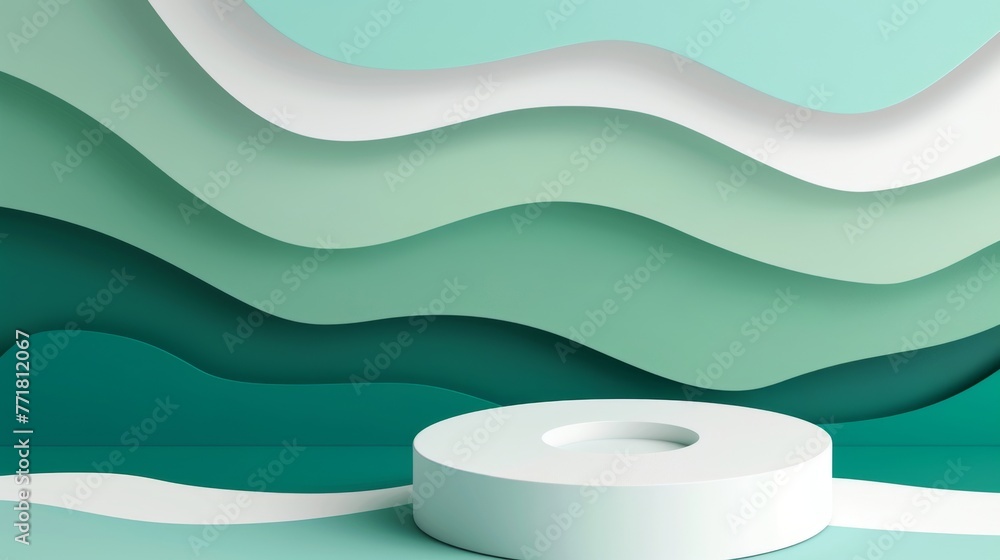 Poster A 3D paper cut abstract minimal geometric shape template background. A white cylinder podium on a green nature wavy layer background. Modern illustration.