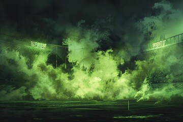 Eerie toxic green smoke rising from dark stadium field at night, digital painting - obrazy, fototapety, plakaty