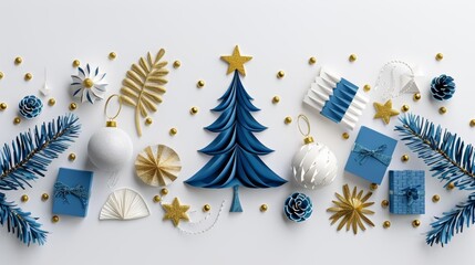 Modern Christmas cards, posters, holiday covers, banners and banners with golden blue and white gifts, pine branches, and lights.