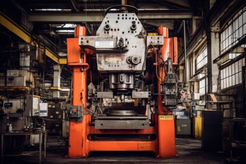 A Glimpse into the Heart of Industry: The Hydraulic Press Towering Over Rustic Mechanical Surroundings