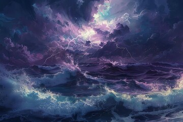 Dramatic stormy night seascape with giant waves and lightning, powerful ocean landscape, AI generated art - obrazy, fototapety, plakaty