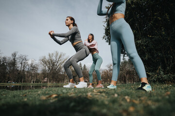 Group of young women in athletic attire engaging in fitness activities in a natural park setting