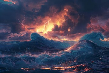 Dramatic stormy night seascape with giant waves and lightning, powerful ocean landscape, AI generated art - Powered by Adobe