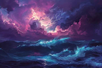Foto op Canvas Dramatic stormy night seascape with giant waves and lightning, powerful ocean landscape, AI generated art © Lucija