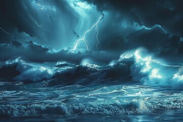 Dramatic stormy night seascape with giant waves and lightning, powerful ocean landscape, AI...