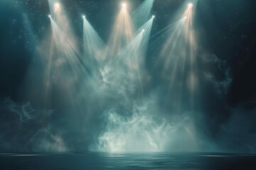 Dramatic spotlights illuminating empty stage with bright lighting effects, theater or concert backdrop, 3D rendering