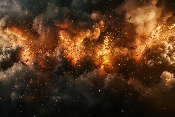 Dramatic series of fiery explosions with smoke and debris, isolated on black background, 3D illustration