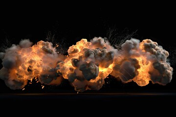 Dramatic series of fiery explosions with smoke and debris, isolated on black background, 3D illustration