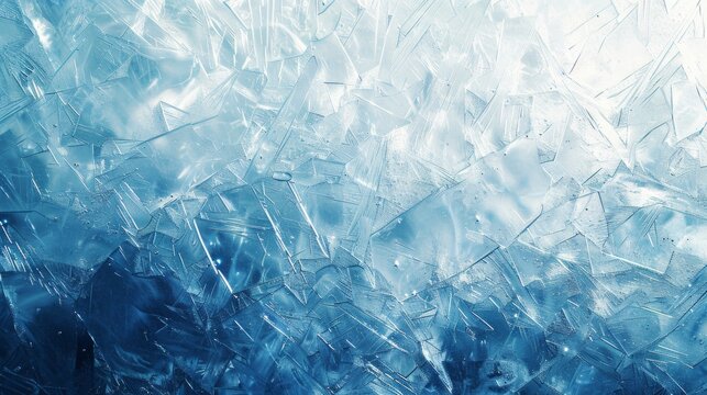 Blue and white ice with numerous cracks and shimmering water droplets. Stunning and serene frozen composition.