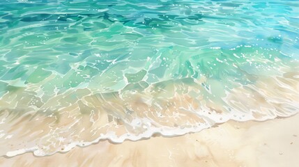 Vibrant watercolor painting of a beach with crystal blue waters meeting golden sands, perfect for tropical themes and travel designs.