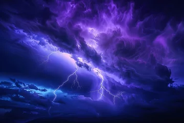 Poster Dramatic lightning bolt striking in dark stormy sky, electrifying landscape, digital art © Lucija