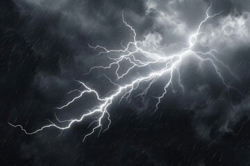 Dramatic lightning bolt strike isolated on transparent background, powerful electrical discharge in stormy weather illustration - obrazy, fototapety, plakaty