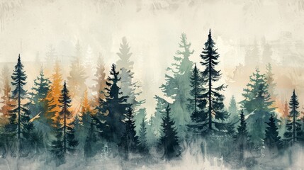 Creative illustration of a series of pine trees with an emphasis on the verticality and layering of foliage, using a limited color scheme to evoke a sense of depth and natural rhythm.