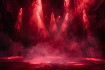 Dramatic dark stage with deep red background, spotlights and smoke, moody theater concept illustration