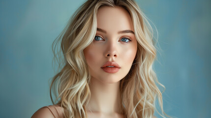 Naklejka premium beautiful blonde woman with wavy medium-long hair, healthy skin and natural makeup looks at the camera. background with copy space. cosmetic concept