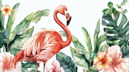 Botanical series, a graceful flamingo intertwined with lush tropical flowers and leaves, in soft watercolor hues, ideal for spring and summer themes.