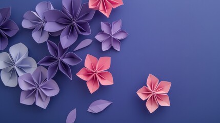 The violet background is accompanied by paper origami flowers