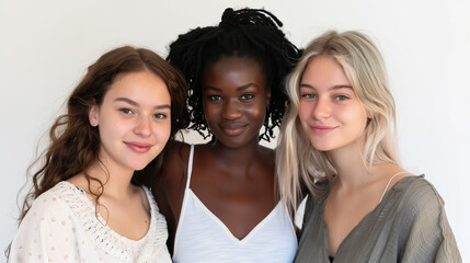 Portrait of three joyful multiracial women standing together and smiling at camera. Simple makeup with a natural look.