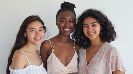 Portrait of three joyful multiracial girls standing together and smiling at camera. Simple makeup with a natural look.