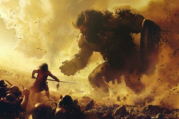 Dramatic biblical illustration of David's epic battle against the giant Goliath, powerful concept art