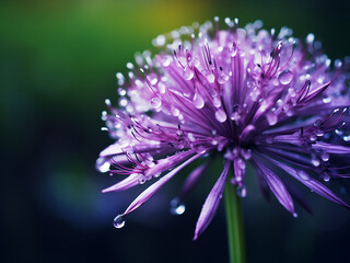 Close-up shot features water droplet on purple flower.