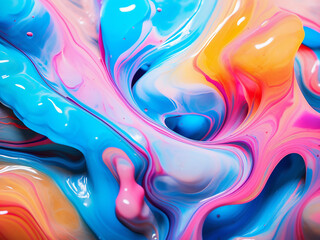 Acrylic paints in blue, orange, and white hues adorn the backdrop