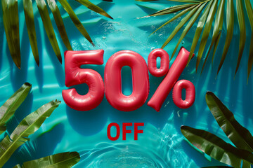 Summer sale 50 percent discount. Overhead view of a swimming pool with inflatable pool floats - obrazy, fototapety, plakaty