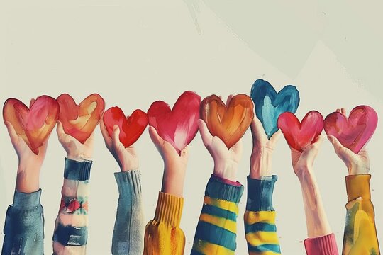 Diverse people raising hands with painted hearts, unity and support concept, digital painting