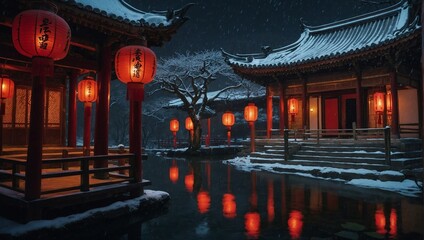 Asian snow covered garden with temple illuminated by the soft glow of red lanterns