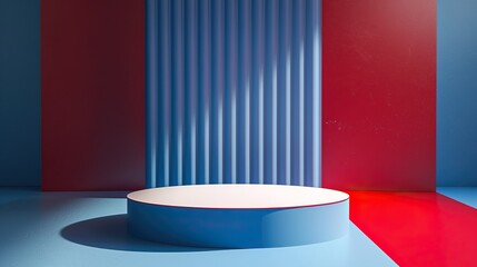 A minimalist stage with a circular platform against a striped blue backdrop and contrasting red and blue lighting