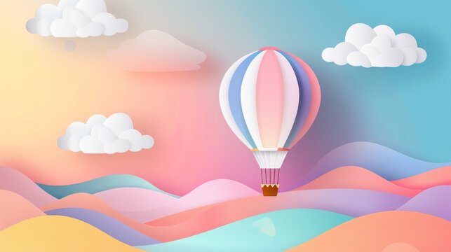 Fototapeta The paper art style of the hot air balloon with a pastel sky background is a modern illustration
