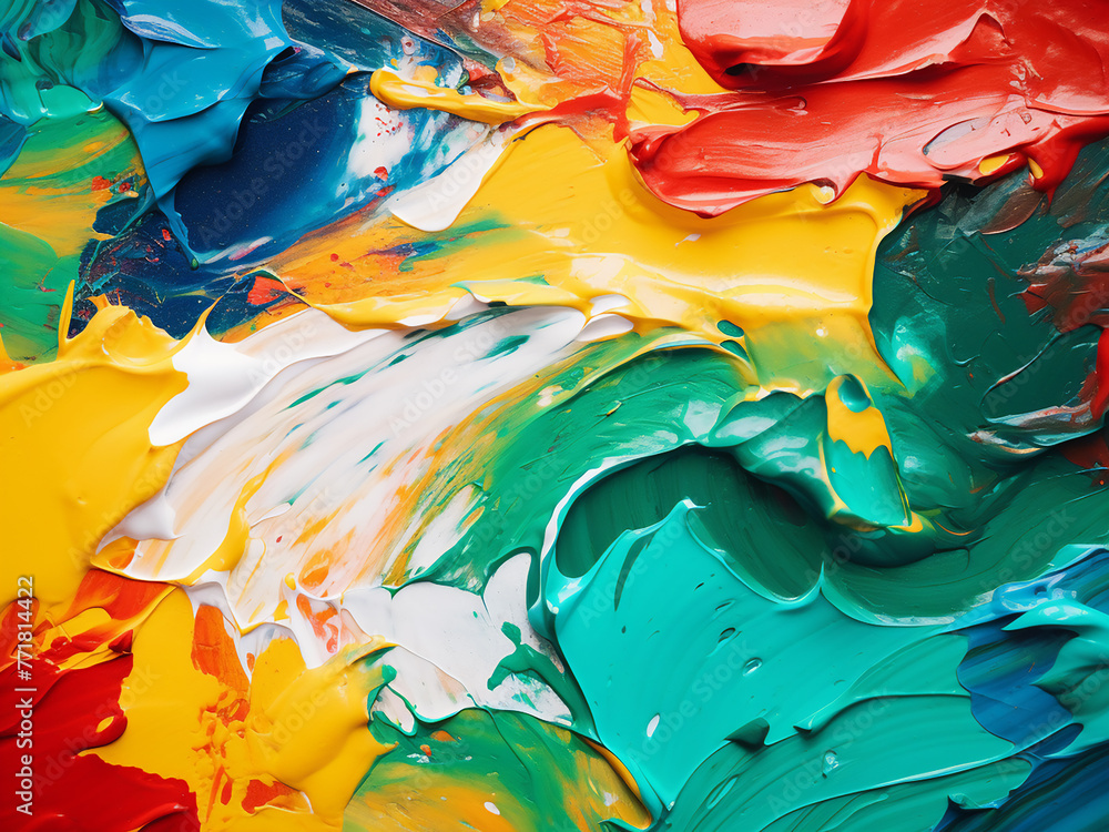 Poster liquid paint drops in water form abstract backdrop with text space