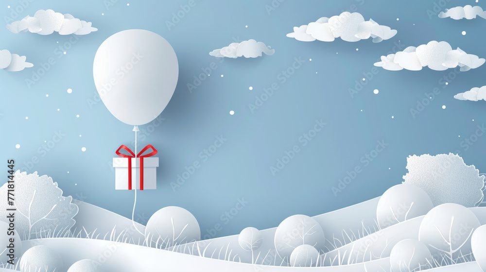 Wall mural In this paper craft and cut with Holiday season, balloons and gift boxes are floating in the air over a blue sky background for the Merry Christmas and Festival poster.Creative design paper craft and