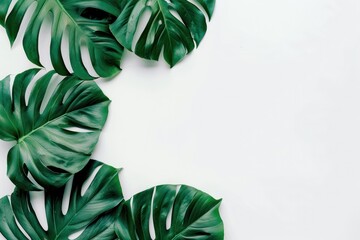 Monstera Leaves on White Background With Copy Space