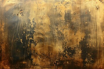 Distressed Antique Gold and Brown Painted Metal Surface Texture, Vintage Background Illustration