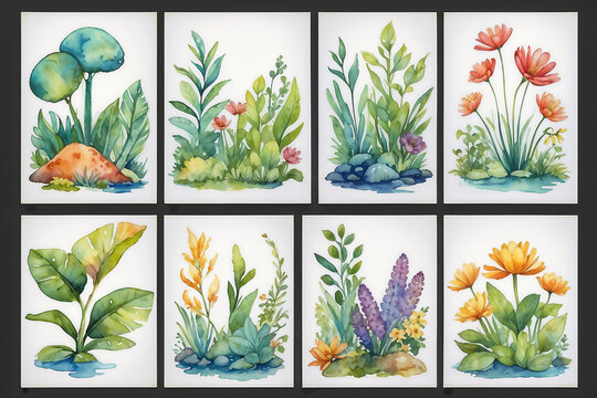 Watercolor Panel Plants and Flowers Illustration